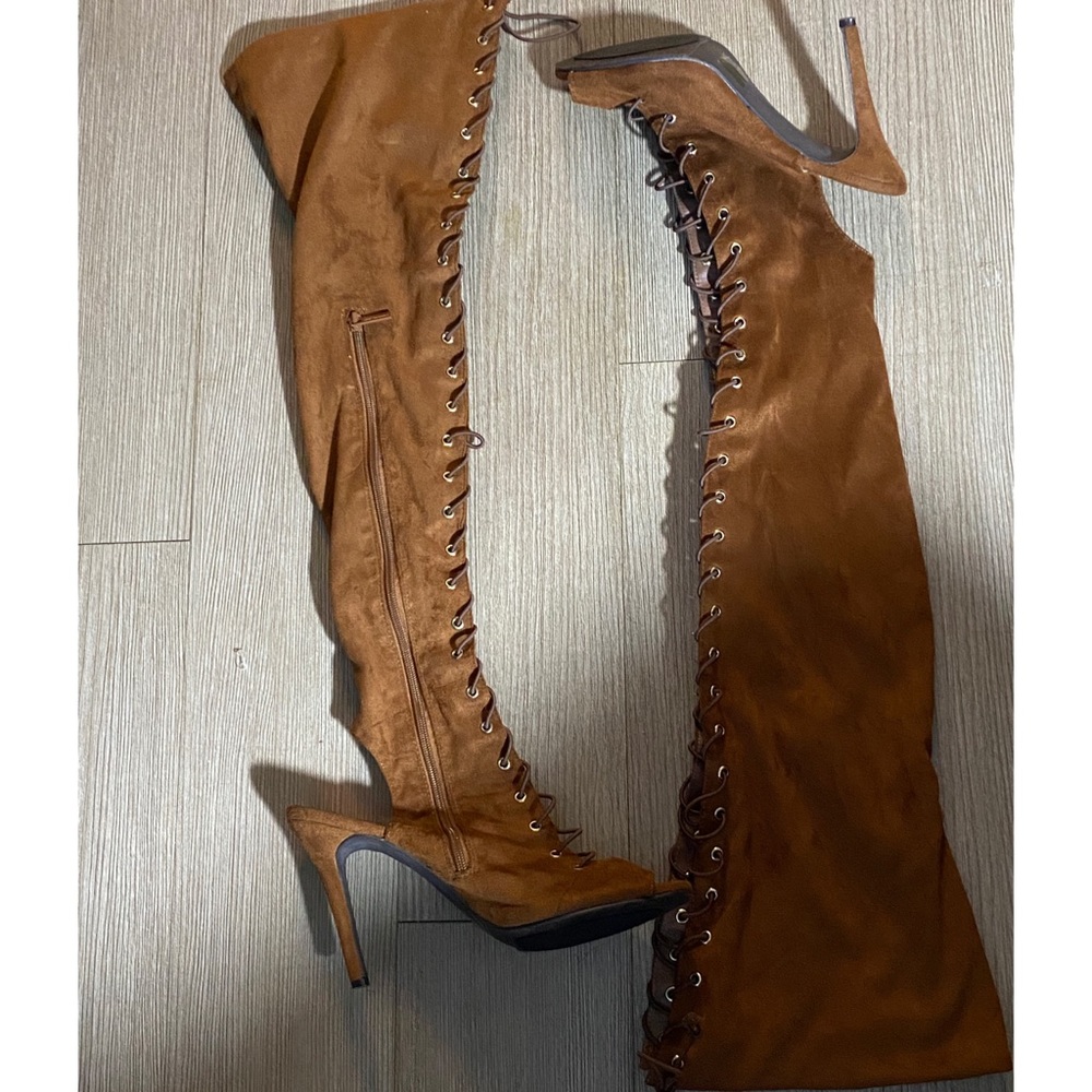 Thigh high Brown Boots size 11 open toes laced all the way up suede material
